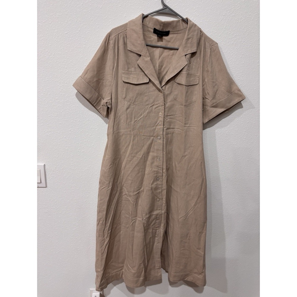 Tahari XL Linen Blend Beige Belted Utility Shirt Dress Short Sleeve Cuffed - Picture 4 of 16